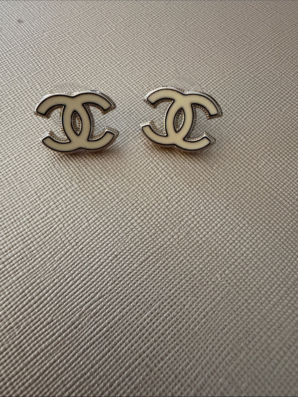 CHANEL Inspired Cream and Silver Interlocking CC Stud Earrings